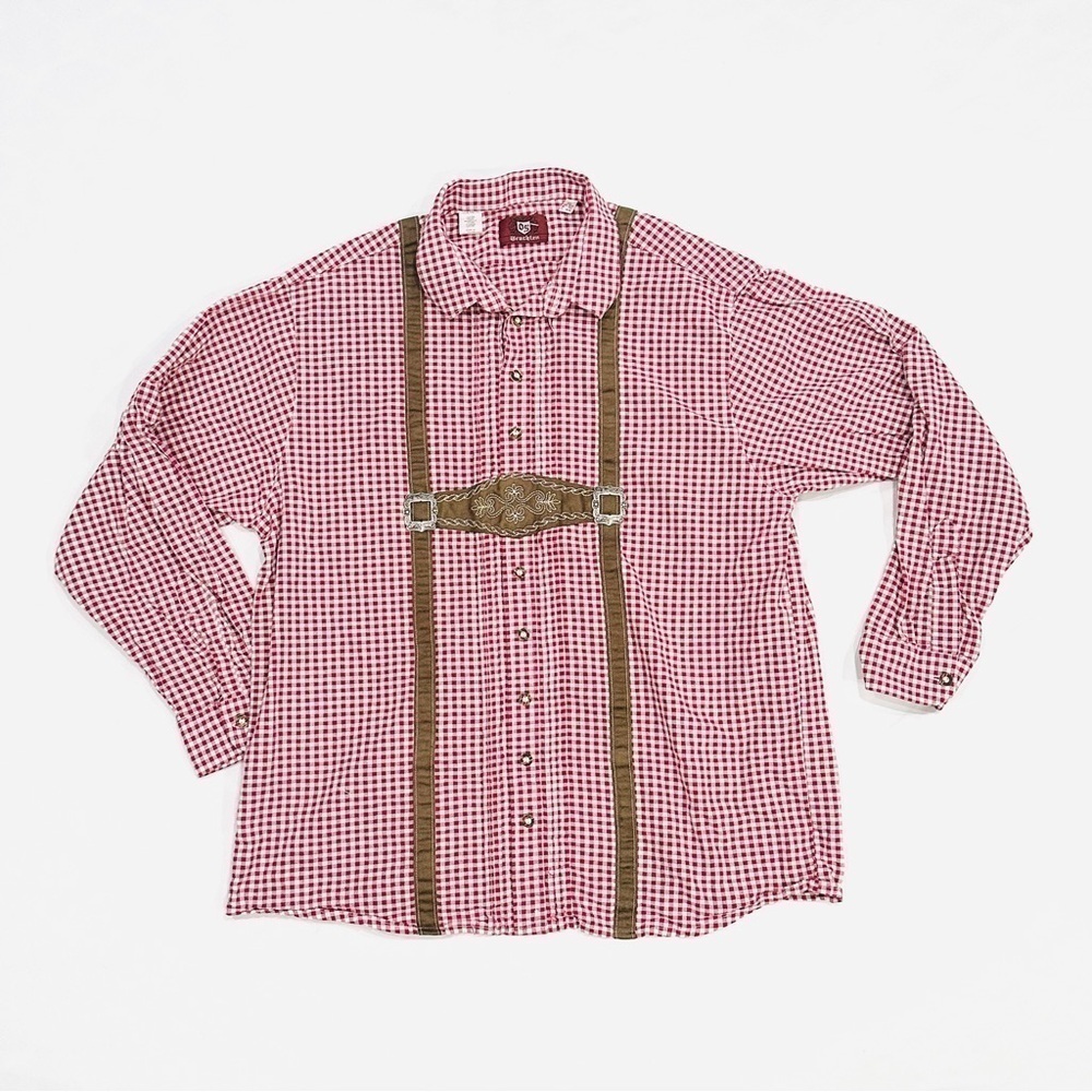 Trachten German Oktoberfest Red Checkered Long Sleeve Button Down Shirt